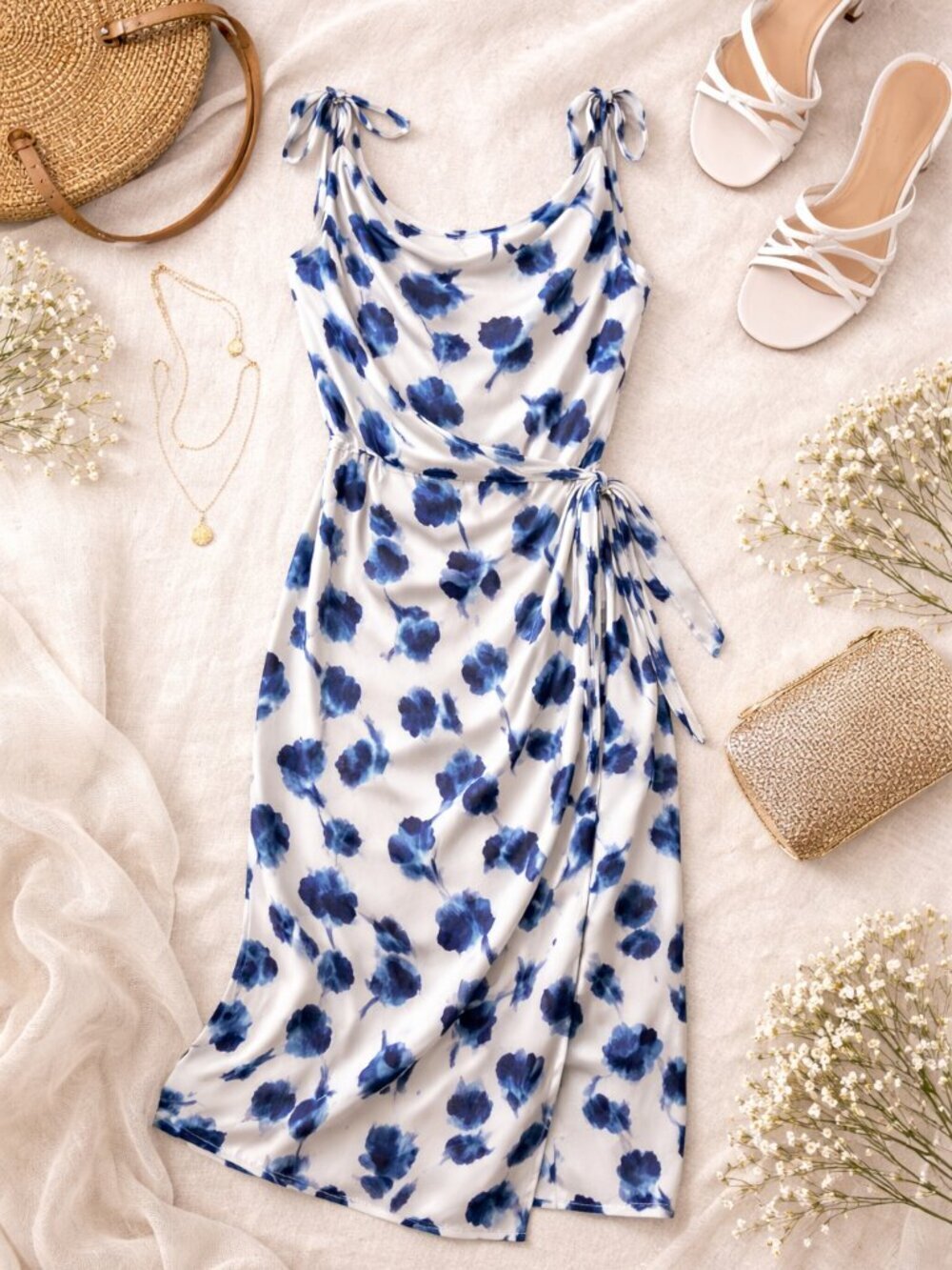 Topshop Blue Abstract Print Draped Sleeveless Dress US 10 UK 14